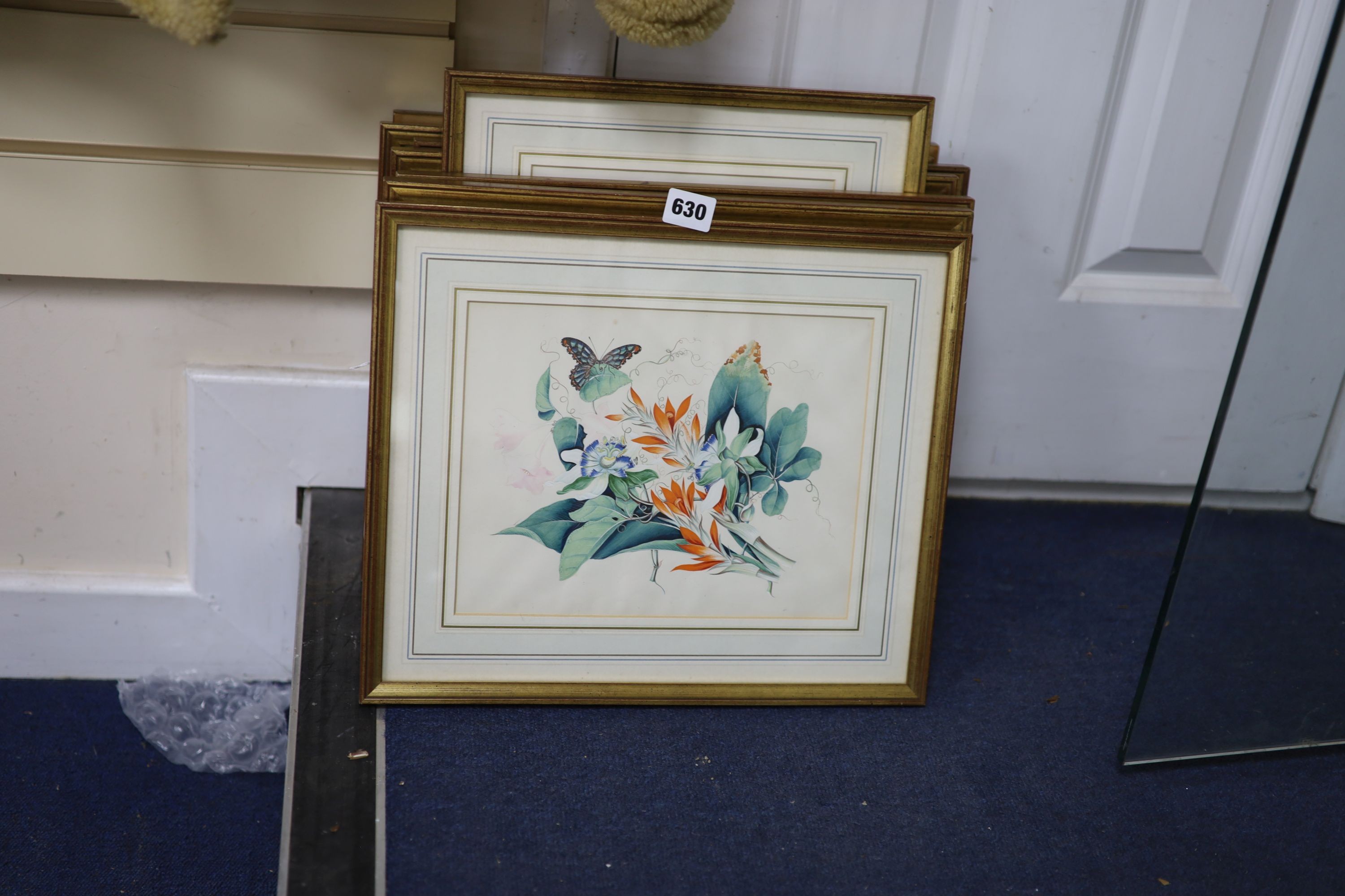 19th century English School, a set of eight watercolour and gouache botanical studies with butterflies, 20 x 27cm